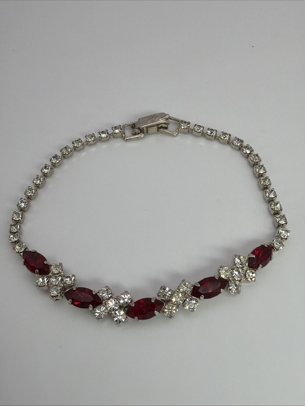 Vintage Red Marquise & Clear Floral Rhinestone Link Tennis Bracelet Silver Tone